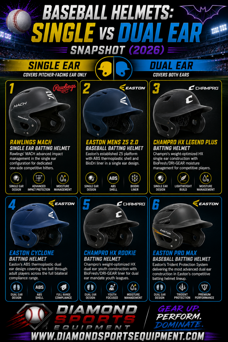 Rawlings MACH, Easton Z5 2.0, Champro HX Legend Plus, Easton Cyclone, Champro HX Rookie, and Easton Pro Max baseball helmets comparing single ear and dual ear helmet designs.