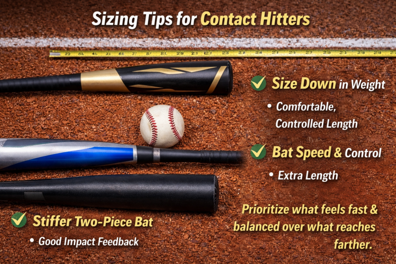 Baseball player holding bats of different lengths and weights with tips for proper bat sizing for contact hitters, emphasizing swing speed and control.
