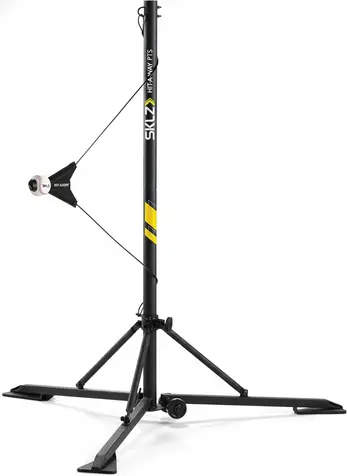 SKLZ Hit-A-Way Portable Baseball Training-Station Swing Trainer with Stand shown for solo high-rep swing practice with moving ball target for timing and tracking development.
