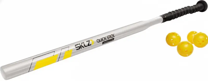 Swing trainer bat with a silver body and four yellow practice balls against a white background.