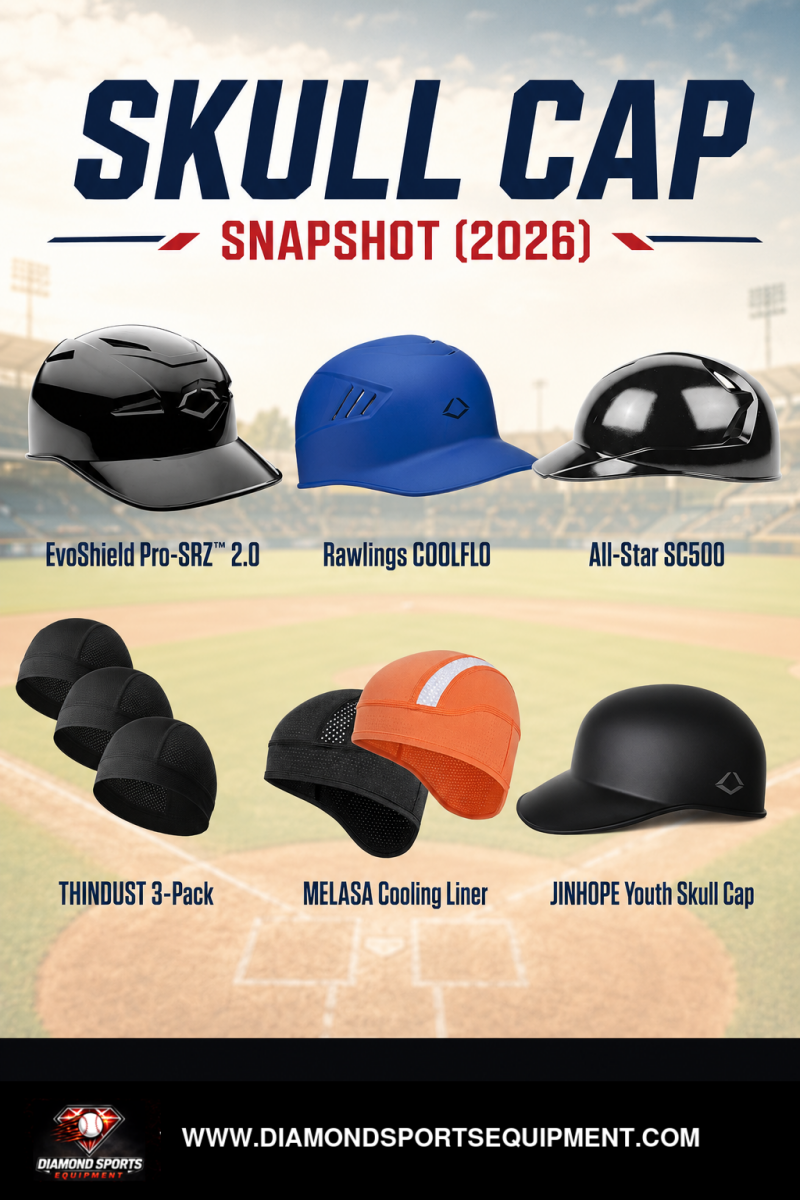 Skull cap snapshot featuring EvoShield Pro-SRZ, Rawlings COOLFLO, All-Star SC500, THINDUST, MELASA, and JINHOPE liners.