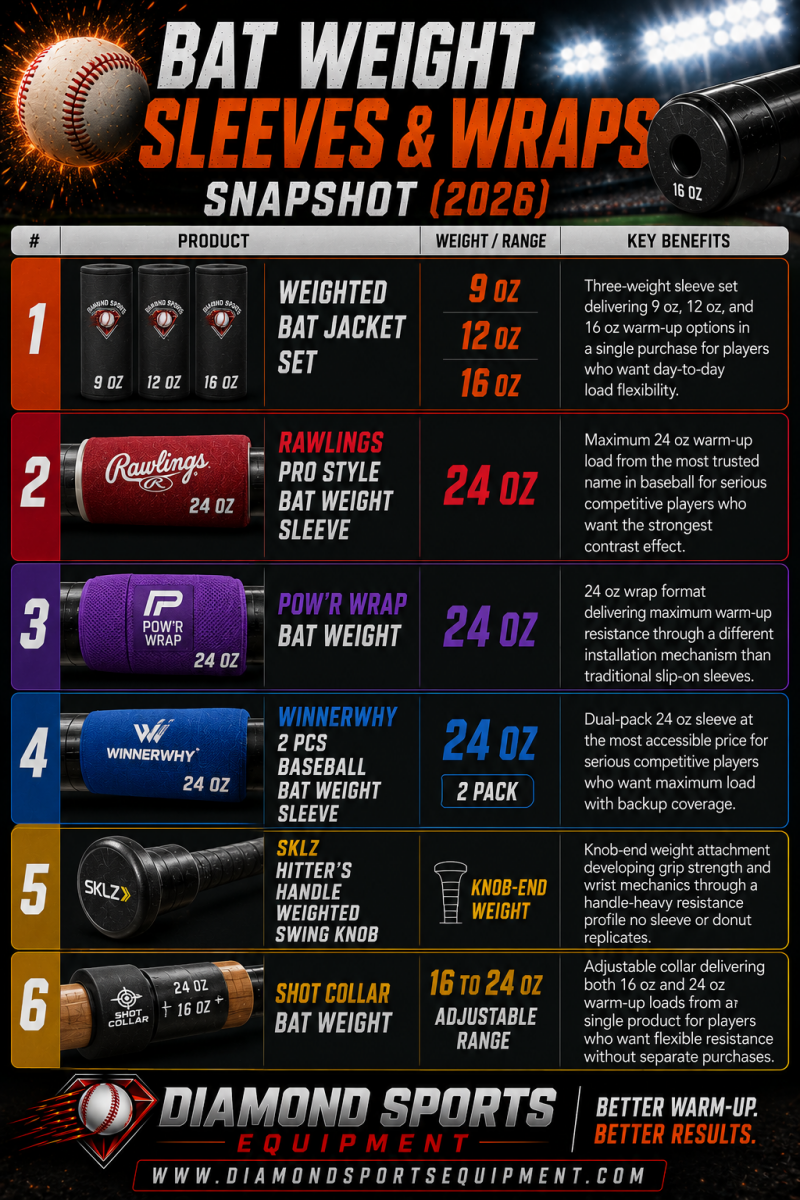 Bat weight sleeves and wraps comparison infographic featuring Rawlings Pro Style Sleeve, Pow’r Wrap, SKLZ Hitter’s Handle Swing Knob, Shot Collar, and weighted bat sleeves with dramatic stadium graphics and Diamond Sports Equipment branding.