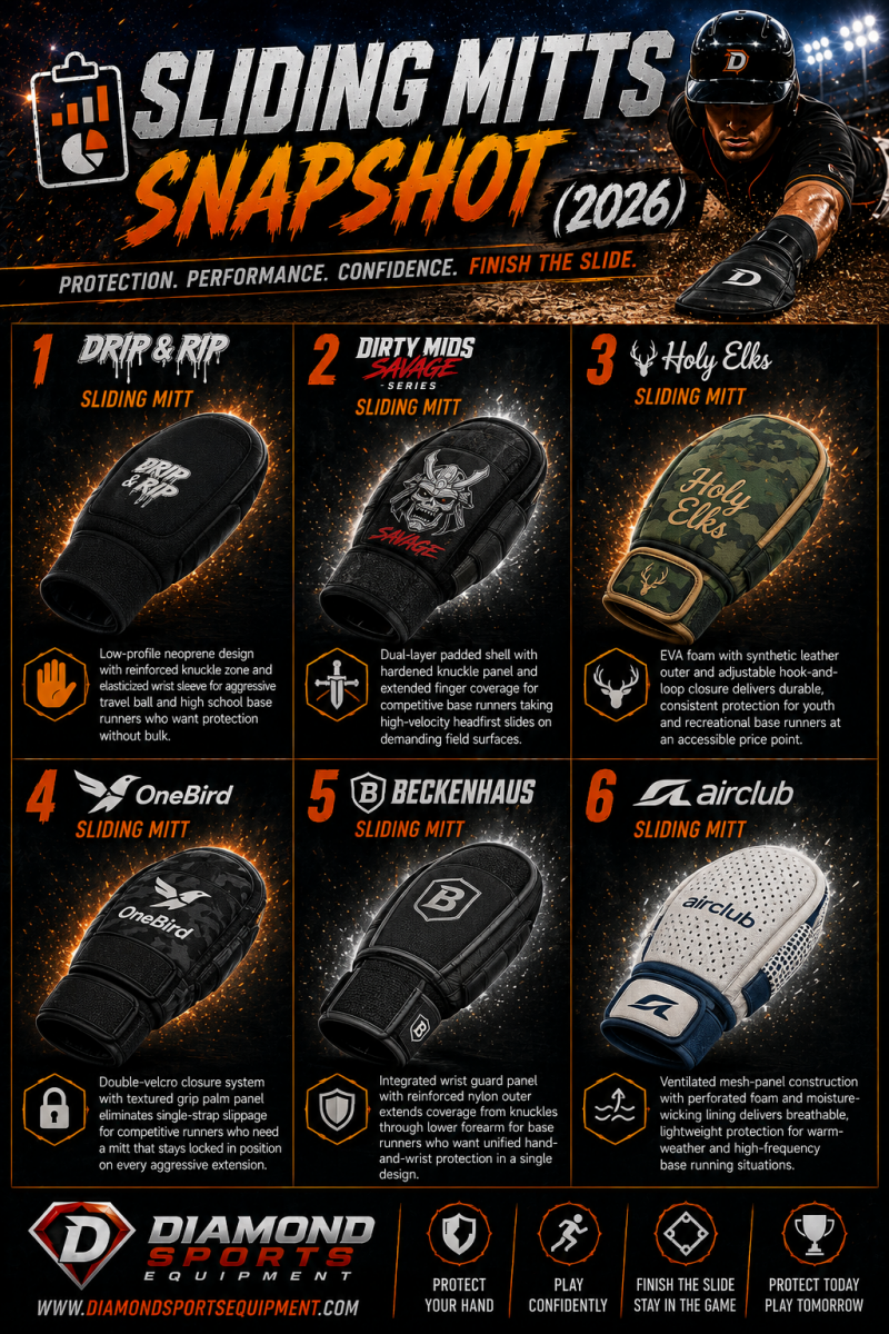 Sliding Mitts Snapshot (2026) featuring protective baseball sliding mitts with reinforced knuckle guards, wrist protection, breathable mesh construction, and aggressive base-running designs in a dramatic cosmic stadium-style sports graphic.