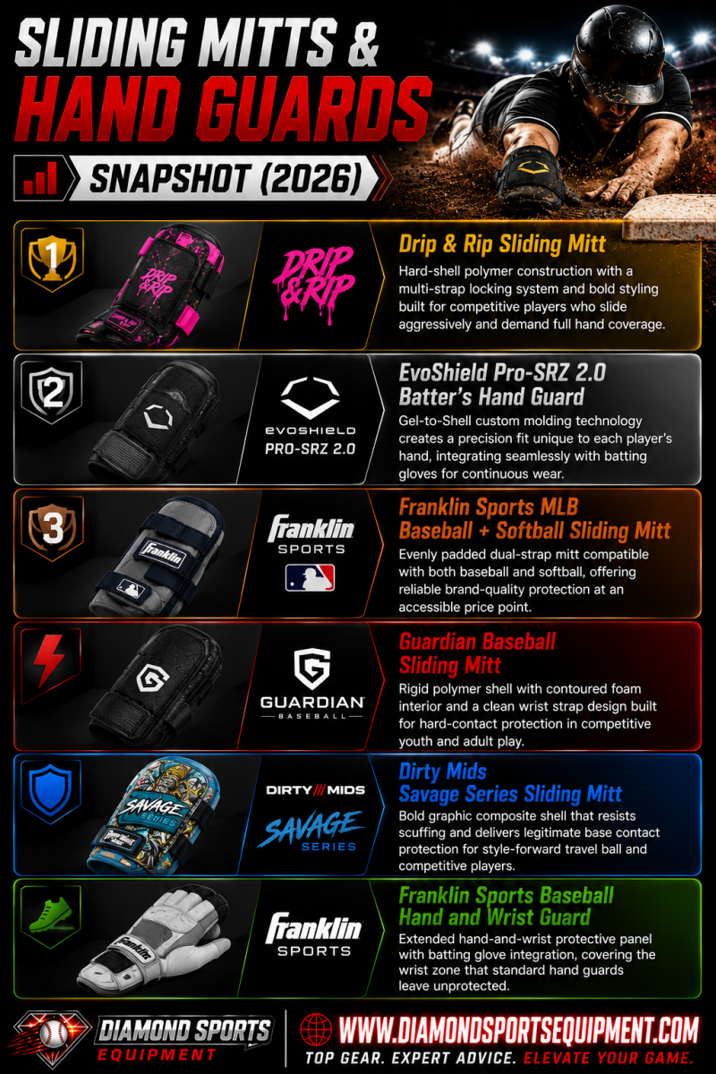 Drip & Rip Sliding Mitt, EvoShield Pro-SRZ 2.0 Batter's Hand Guard, Franklin Sports MLB Sliding Mitt, Guardian Baseball Sliding Mitt, Dirty Mids Savage Series Sliding Mitt, and Franklin Sports Hand & Wrist Guard comparison for 2026.