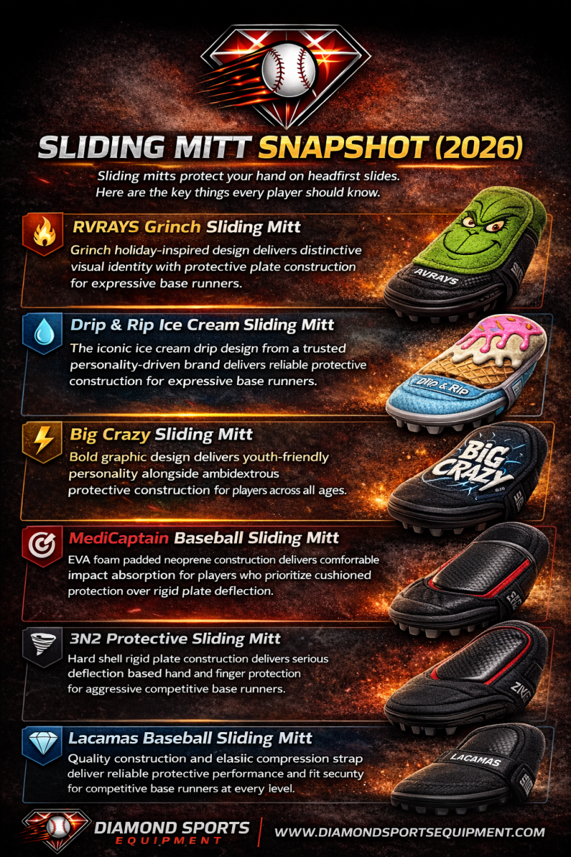 Sliding mitt snapshot infographic showing six featured mitt designs including Grinch, ice cream drip, Big Crazy, MediCaptain, 3N2, and Lacamas with Diamond Sports Equipment logo and URL.