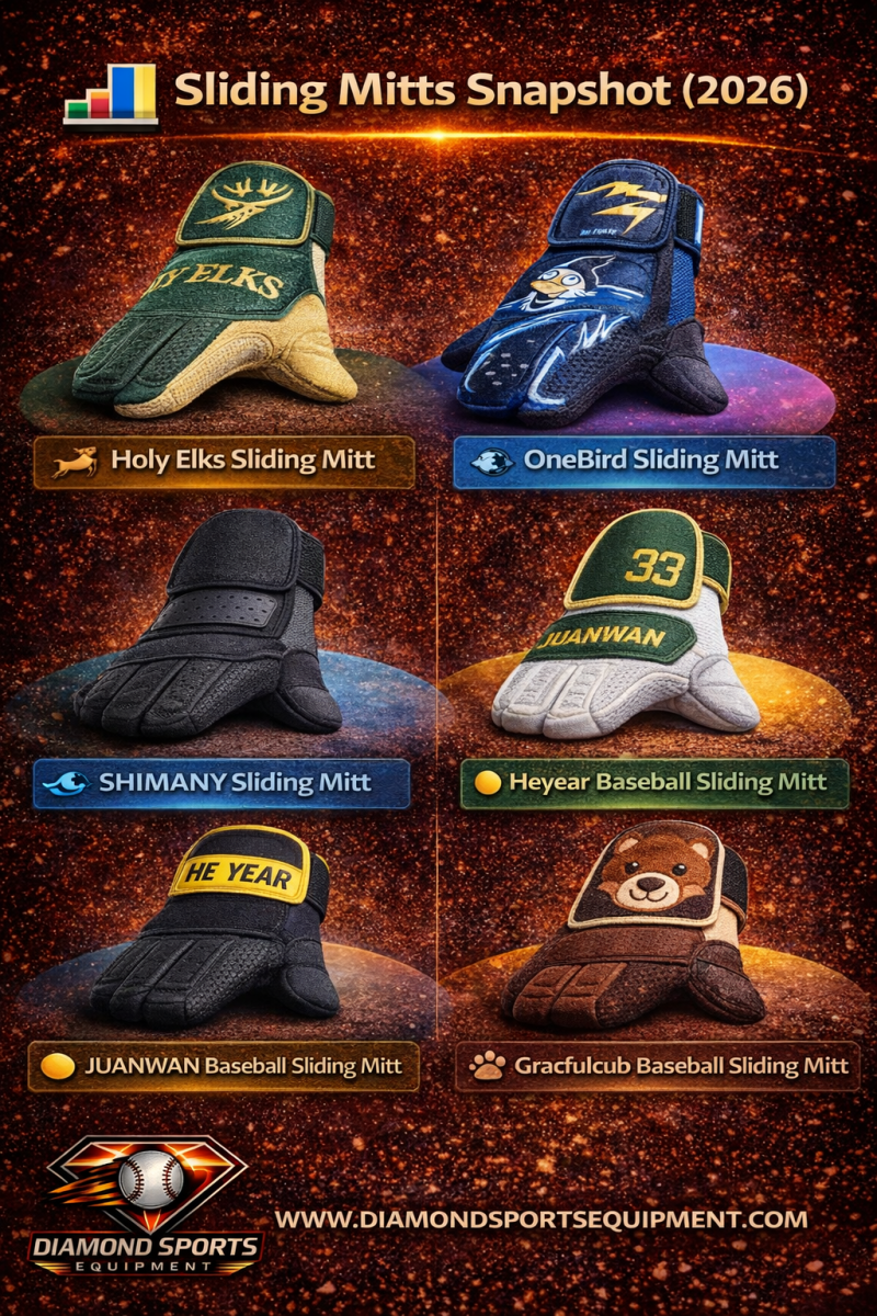 Sliding mitts comparison graphic featuring six mitts in a 2x3 layout with list-style labels on a fiery background with Diamond Sports Equipment logo and website