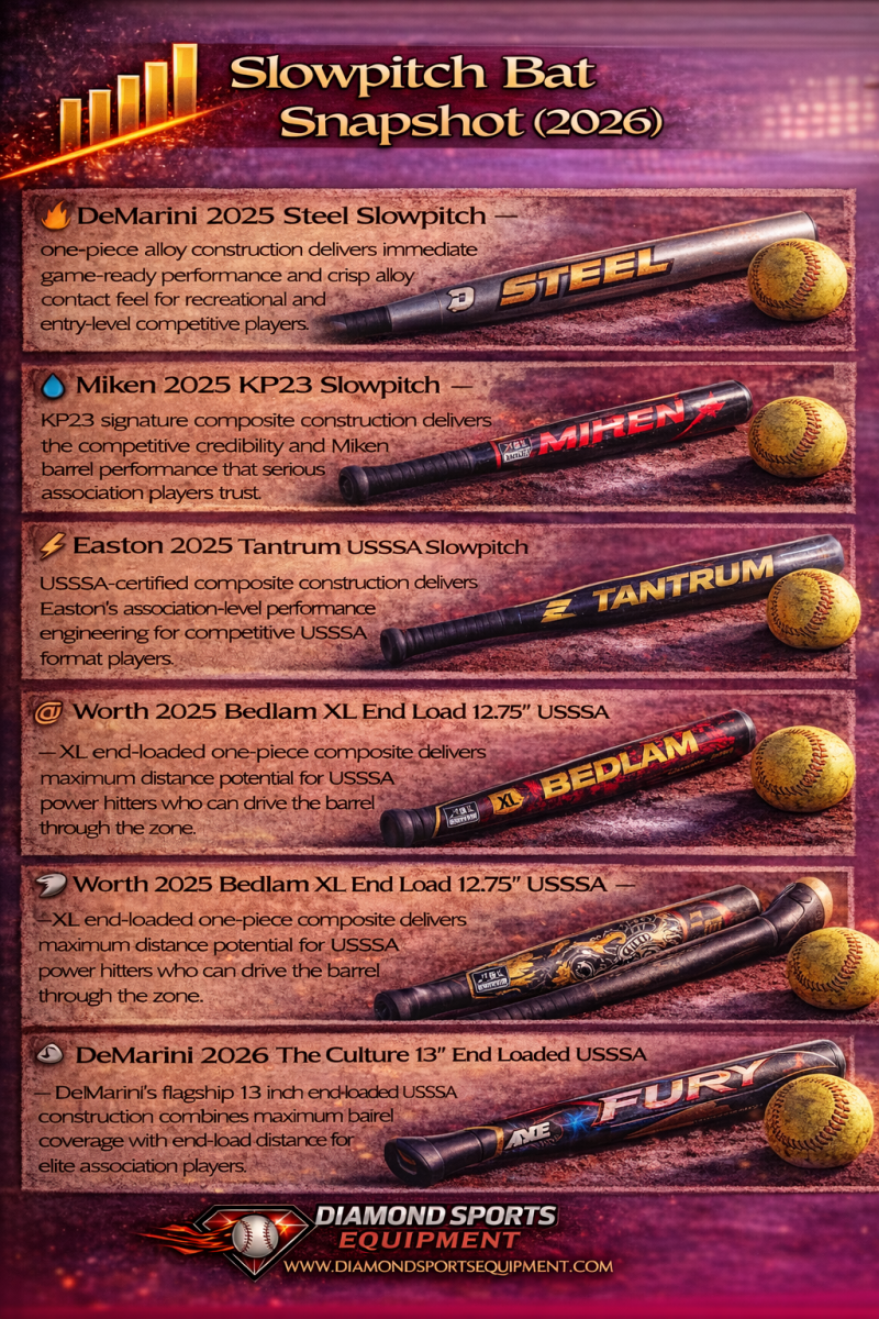Comparison graphic listing six slowpitch bats with performance-focused descriptions and Diamond Sports Equipment branding.