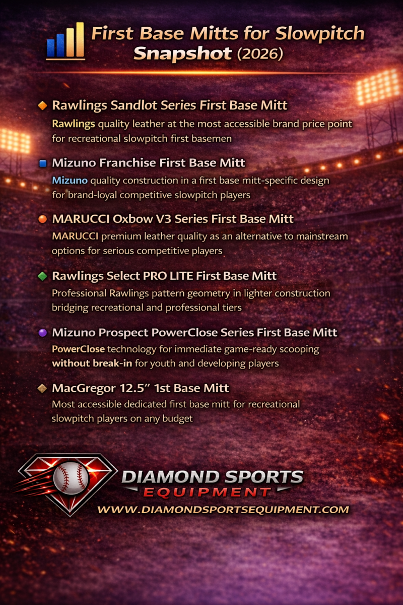 Slowpitch first base mitts list infographic featuring top 2026 mitts for scooping, control, and durability