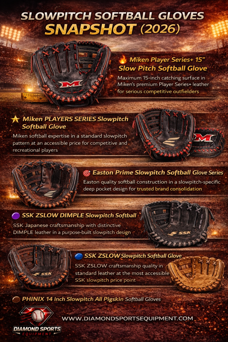 Infographic showcasing the best slowpitch softball gloves for 2026, featuring Miken, Easton, SSK, and PHINIX models with large pocket designs, premium leather options, and performance-focused construction.