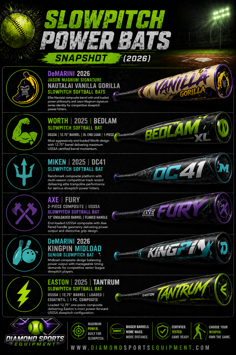 Slowpitch power bats snapshot infographic showing six bats in a structured layout with product names and Diamond Sports Equipment branding.