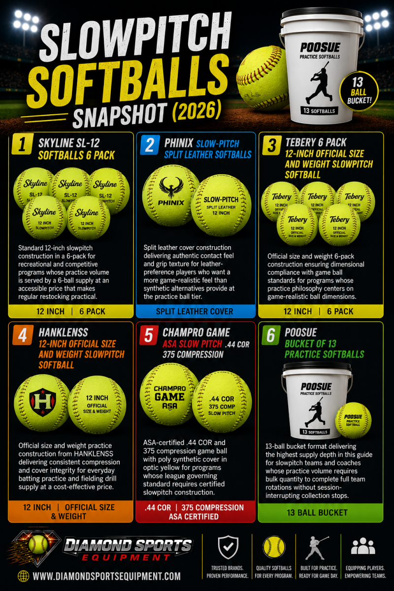 Slowpitch Softballs Snapshot 2026 graphic featuring Skyline, PHINIX, Tebery, HANKLENSS, Champro, and Poosue slowpitch softballs with Diamond Sports Equipment branding on a dark stadium-style background.