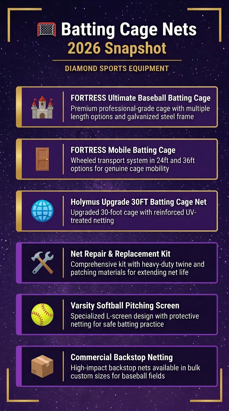 A technical product comparison guide showing six horizontal panels for Fortress, Holymus, Murray Sporting Goods, Ventura, and Anything Sports netting systems on a cosmic purple background.