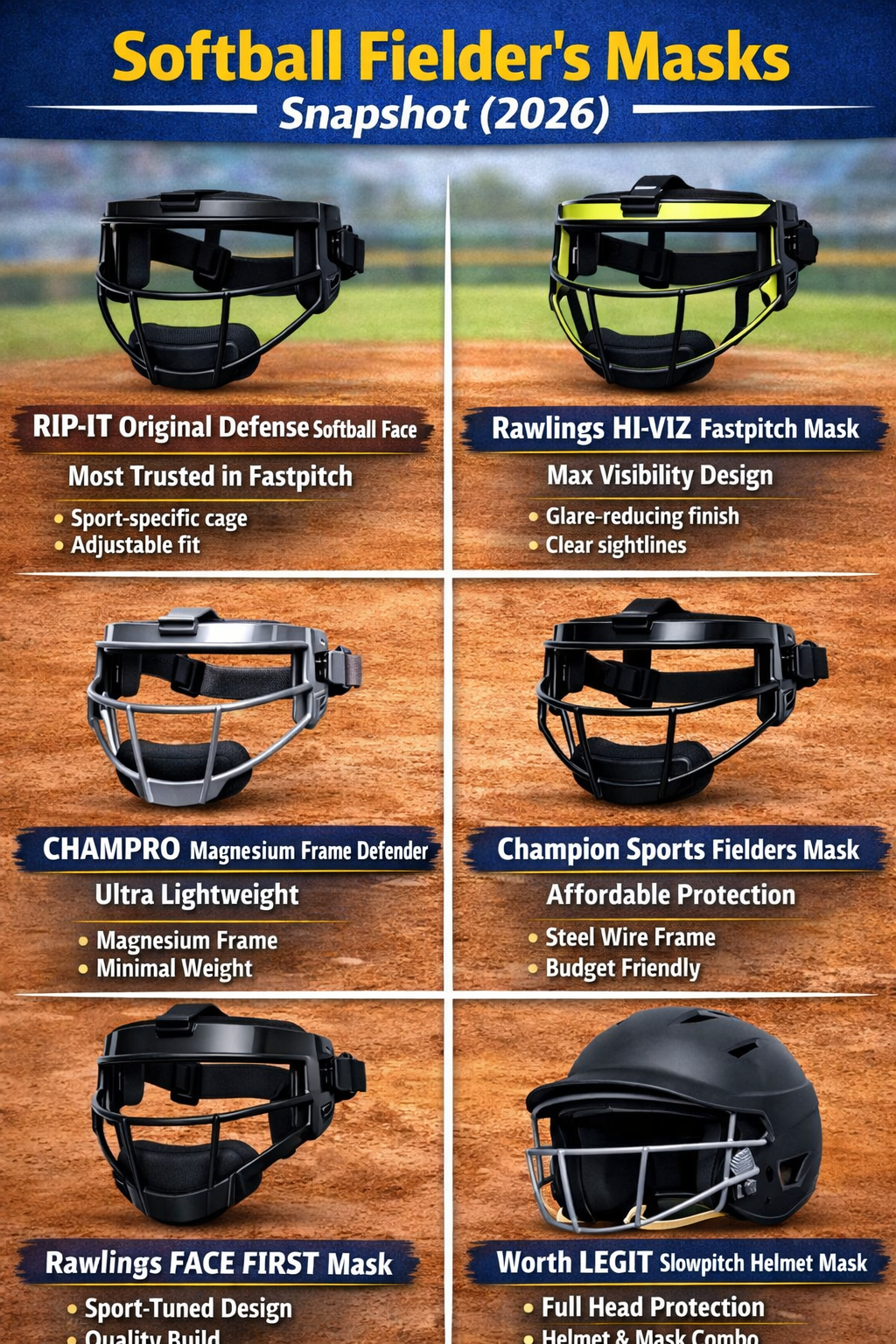 Six softball fielder’s masks including RIP-IT, Rawlings, CHAMPRO, Champion, and Worth models shown in a comparison snapshot graphic.
