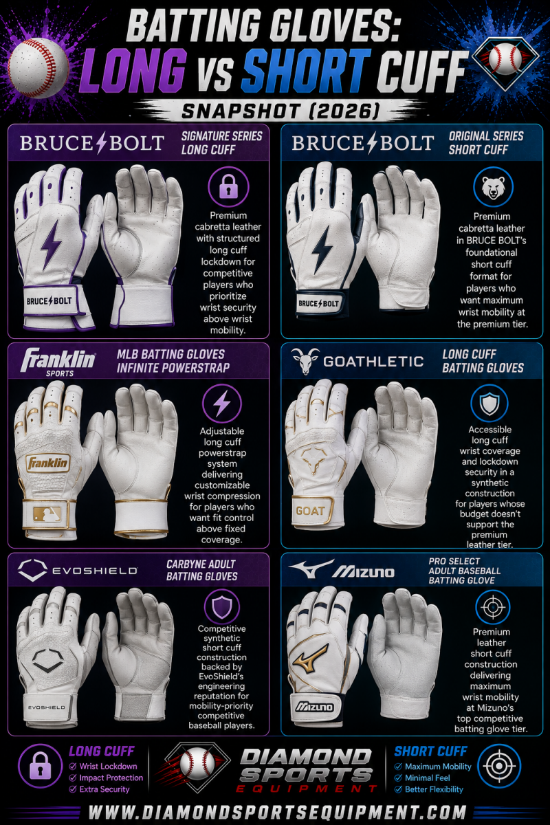 Bruce Bolt Signature Series Long Cuff, Bruce Bolt Original Series Short Cuff, Franklin Infinite Powerstrap, GOATHLETIC Long Cuff, EvoShield Carbyne, and Mizuno Pro Select batting gloves comparison showing long cuff vs short cuff batting glove designs.