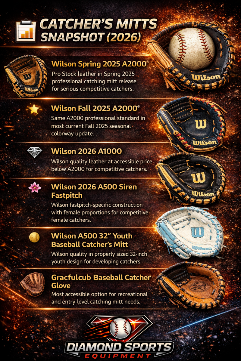 Catcher’s mitts comparison chart featuring Wilson A2000, A1000, A500 Siren fastpitch mitt, youth catcher’s mitt, and Gracfulcub glove.