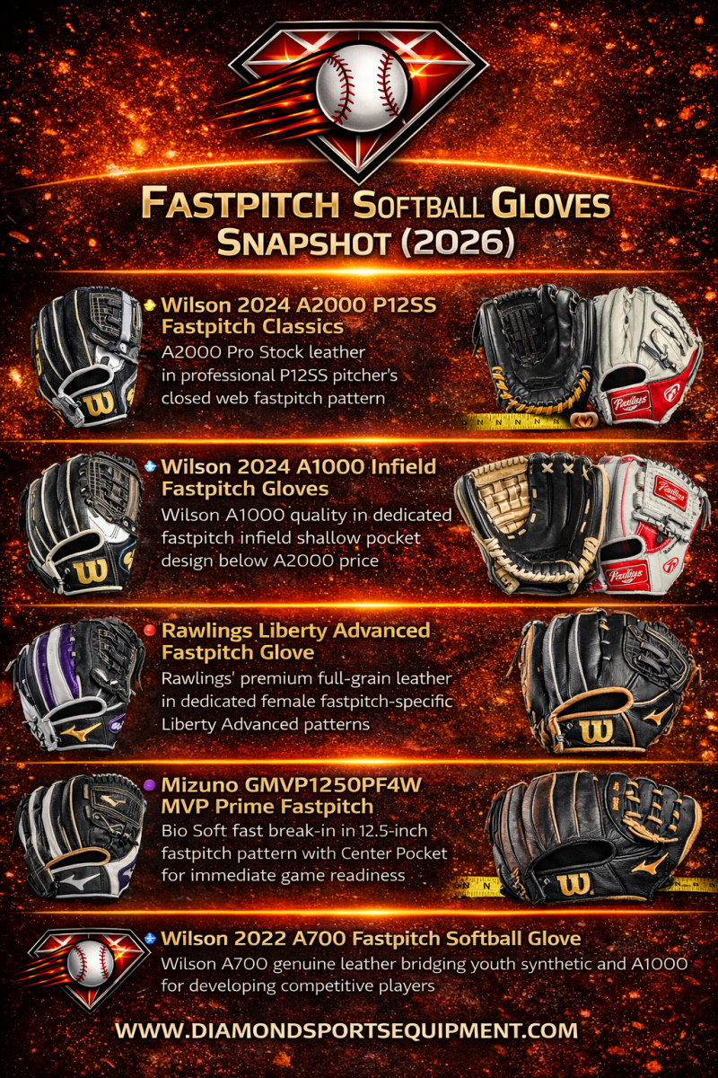 Fastpitch softball gloves comparison graphic featuring six top models with key features and performance highlights on a fiery cosmic background with Diamond Sports Equipment branding and website