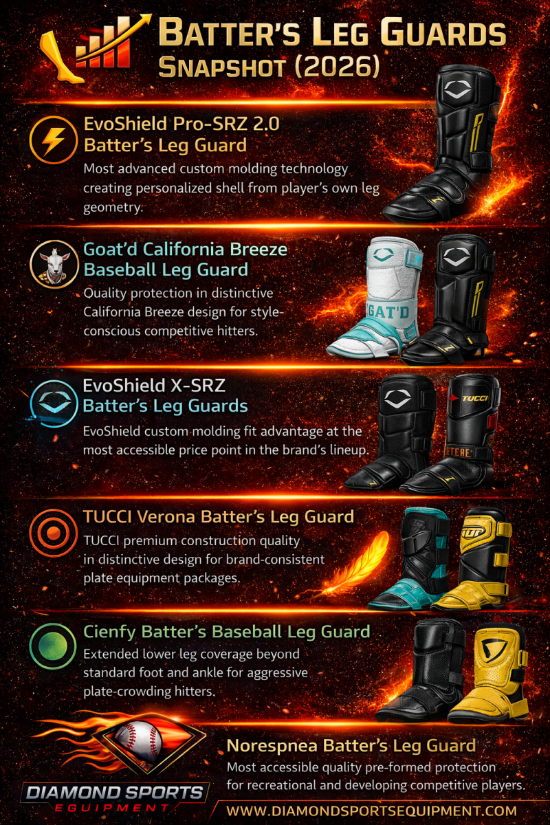 Baseball batter’s leg guards snapshot graphic showing six top models with key features on a fiery cosmic background with Diamond Sports Equipment branding and website