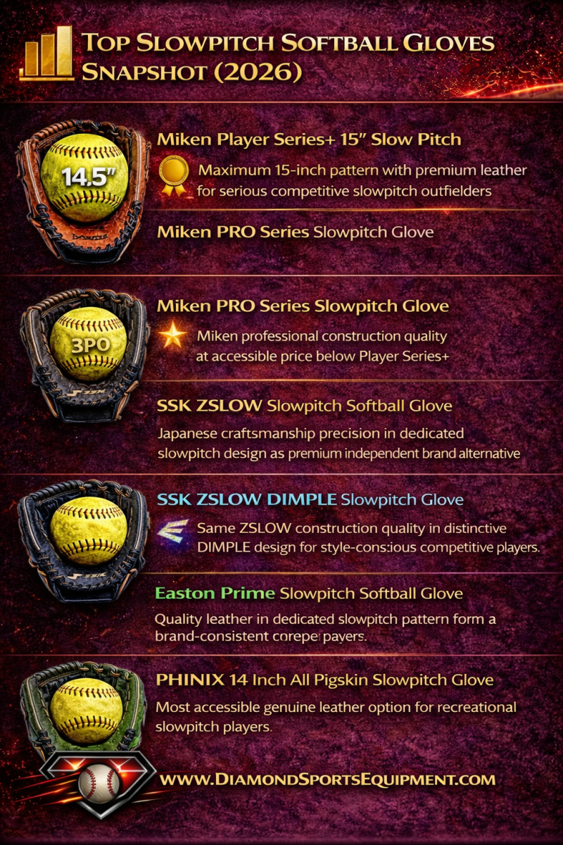 Slowpitch softball gloves comparison graphic featuring Miken Player Series+, Miken PRO Series, SSK ZSLOW, SSK ZSLOW DIMPLE, Easton Prime, and PHINIX pigskin models.