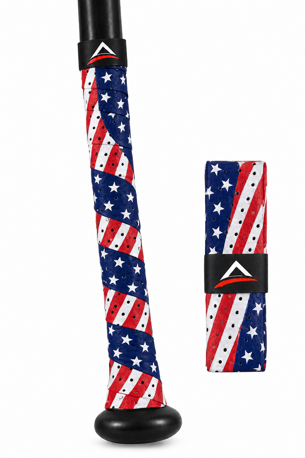 Bat grip tape by Sniper Skin, in red, white, and blue with ventilation holes.