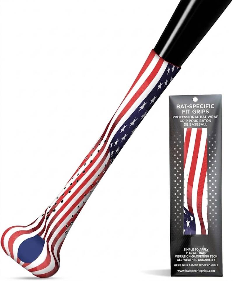 SNIPER SKIN baseball and softball bat grip in American flag design with bat-specific fit and retail packaging shown.