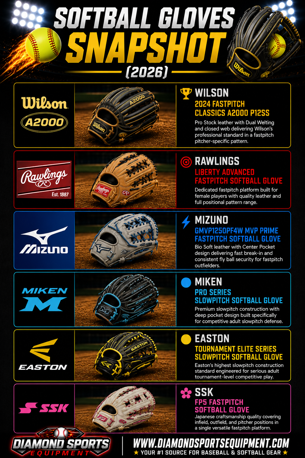 Wilson 2024 Fastpitch Classics A2000 P12SS, Rawlings Liberty Advanced Fastpitch Glove, Mizuno MVP Prime Fastpitch Glove, Miken Pro Series Slowpitch Glove, Easton Tournament Elite Slowpitch Glove, and SSK FP5 Fastpitch Glove snapshot.