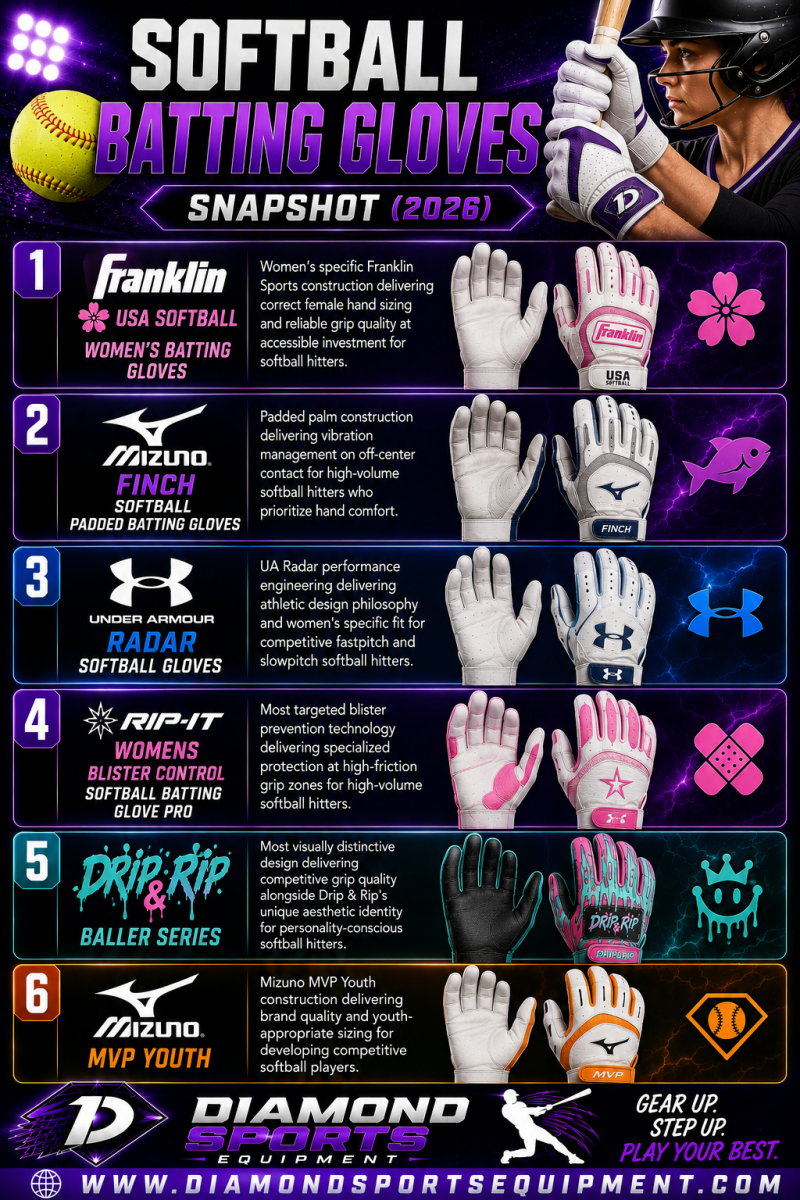 Softball batting gloves snapshot featuring six batting glove models for fastpitch and slowpitch softball players.