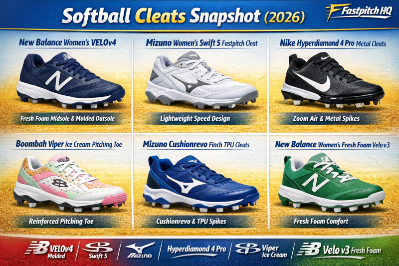 Six softball cleats including New Balance, Mizuno, Nike, Boombah, and CHAMPRO models shown in a comparison snapshot graphic.