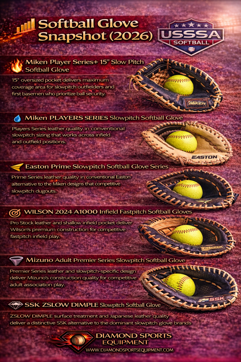 Comparison graphic featuring six softball gloves with performance-focused descriptions and Diamond Sports Equipment branding.