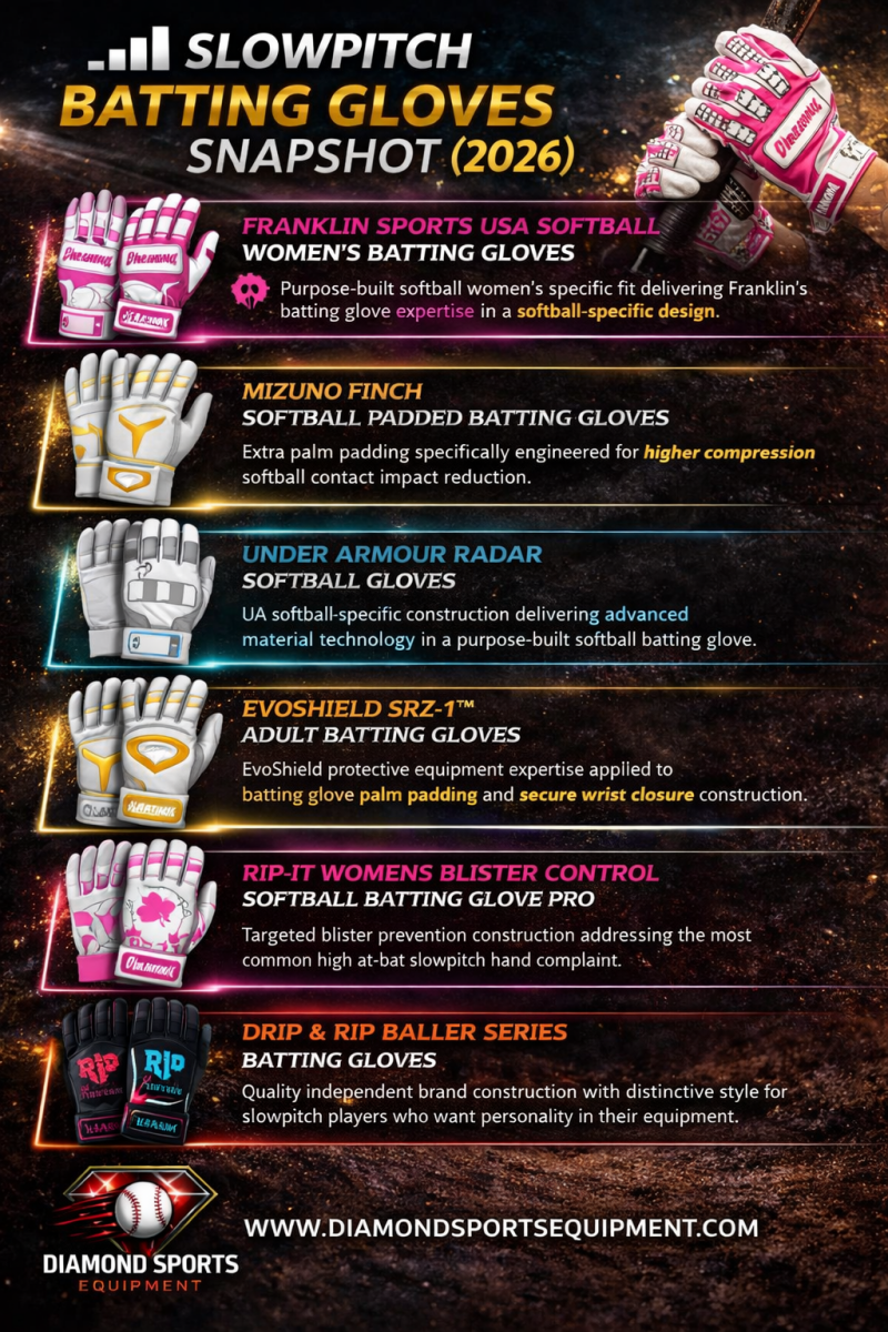 Infographic showcasing the best slowpitch batting gloves for 2026, including Franklin, Mizuno, Under Armour, EvoShield, RIP-IT, and Drip & Rip models with performance-focused features.