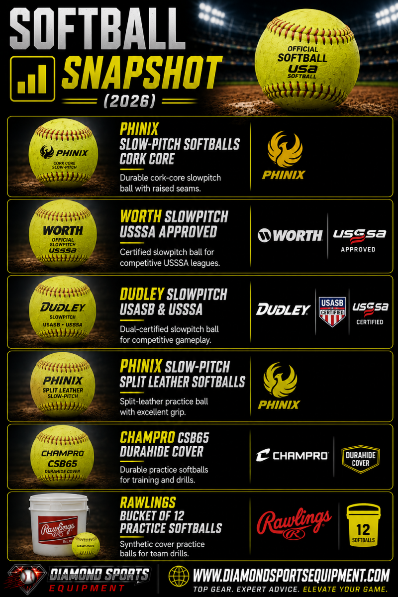 PHINIX Slow-Pitch Softballs Cork Core, Worth Slowpitch USSSA Approved, Dudley Slowpitch USASB & USSSA, PHINIX Split Leather Softballs, Champro CSB65 Durahide Cover, and Rawlings Bucket of 12 Practice Softballs comparison for 2026.