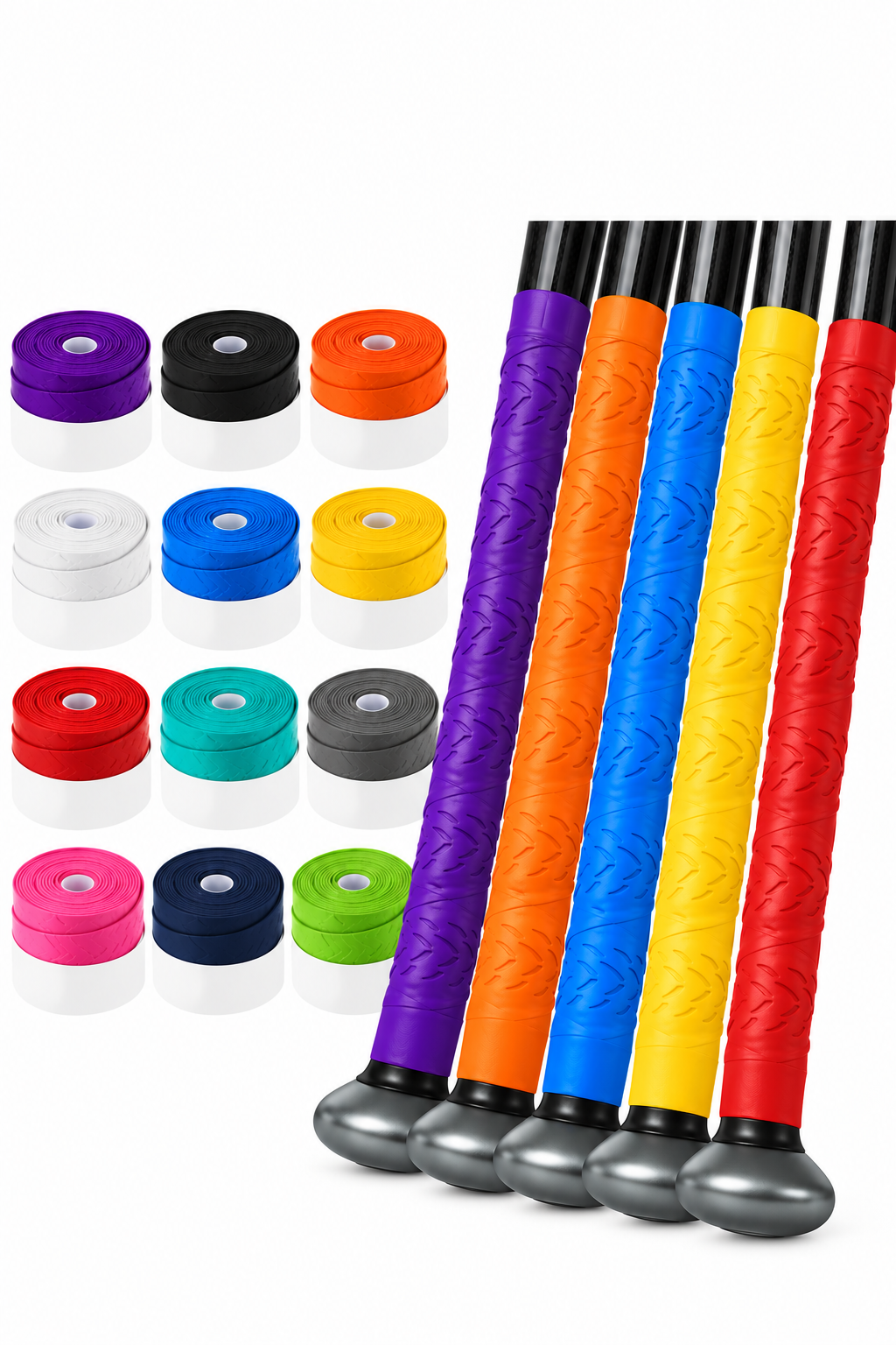 Bat grip tape by Sosation, 12 rolls in assorted colors.