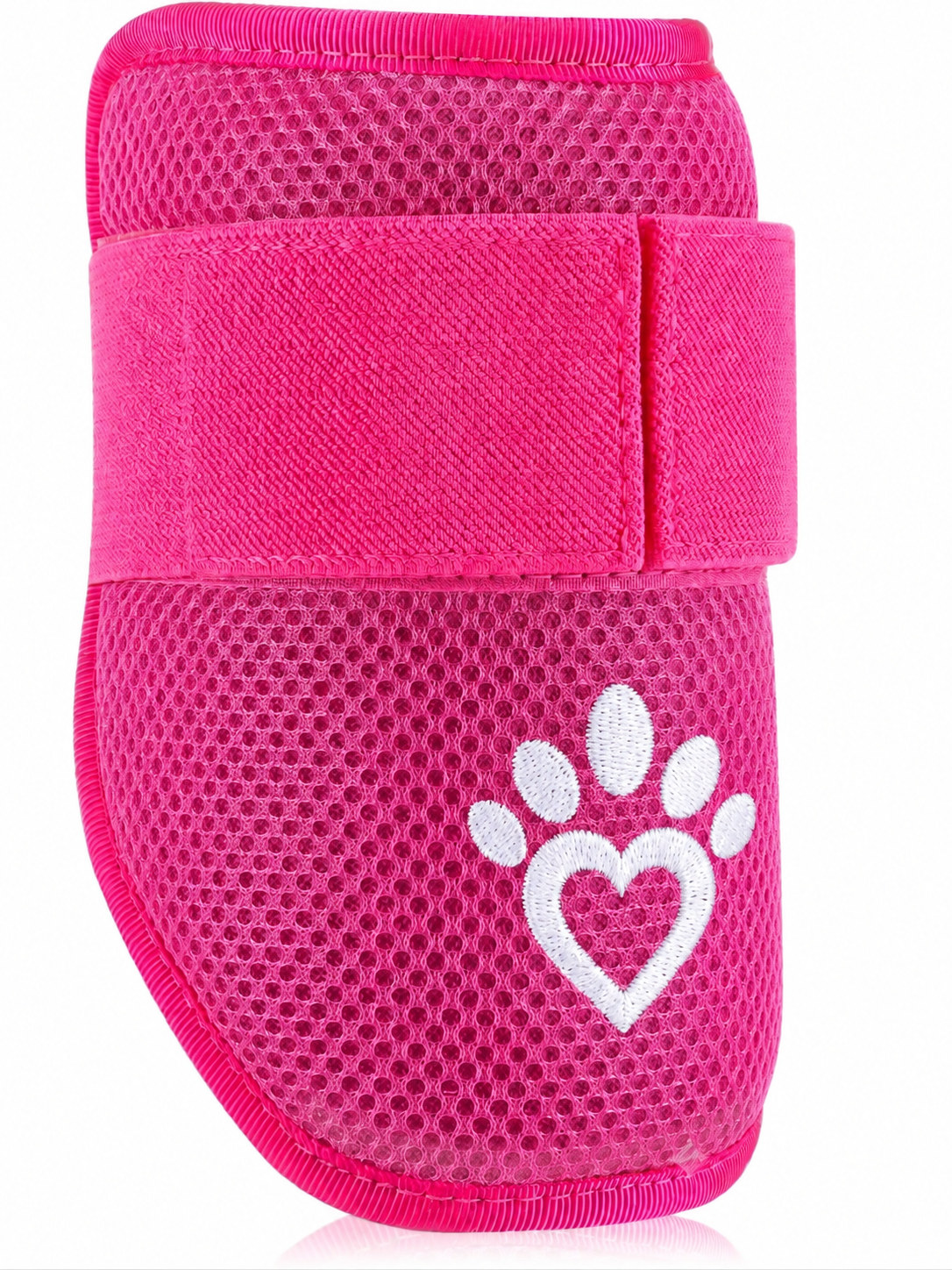 Elbow guard in hot pink mesh with embroidered white cross and velcro closure strap.