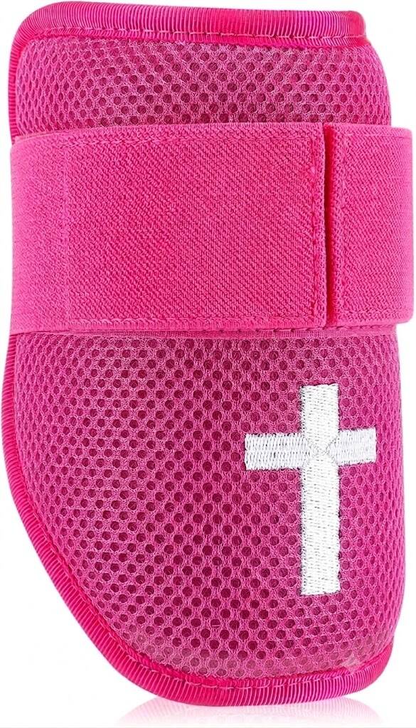 Soulchen baseball elbow guard in hot pink mesh with embroidered white cross and velcro closure strap.