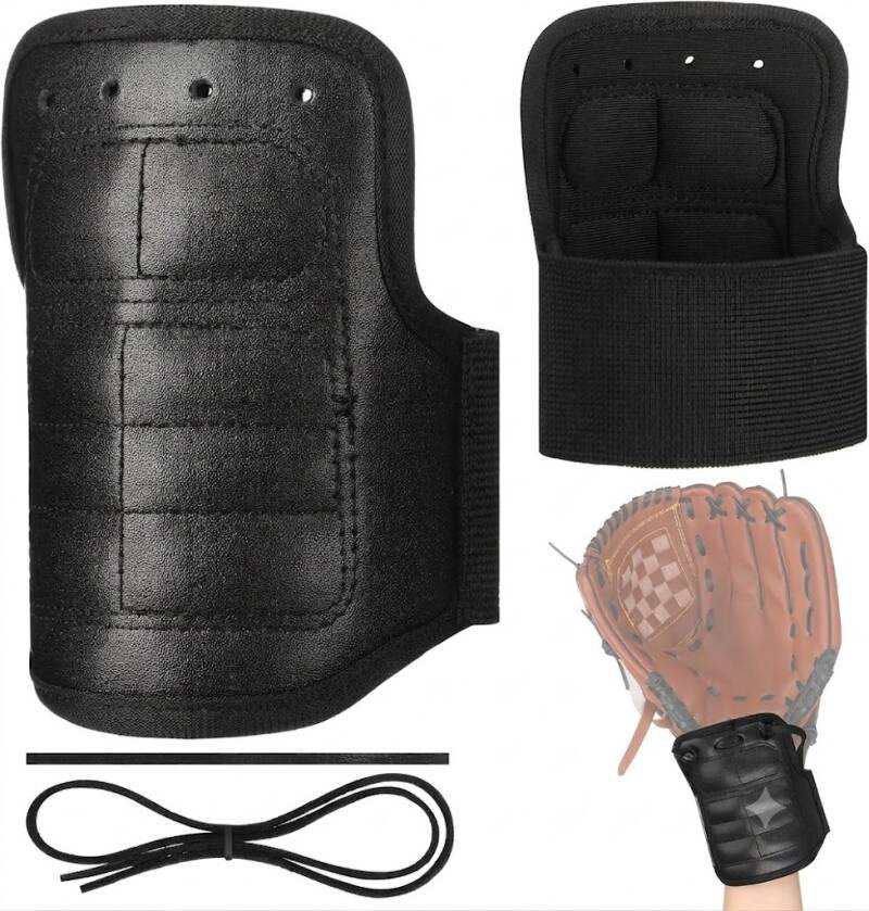 Soulchen baseball wrist guard in black leather with padded interior, adjustable strap, and glove-side fit shown.