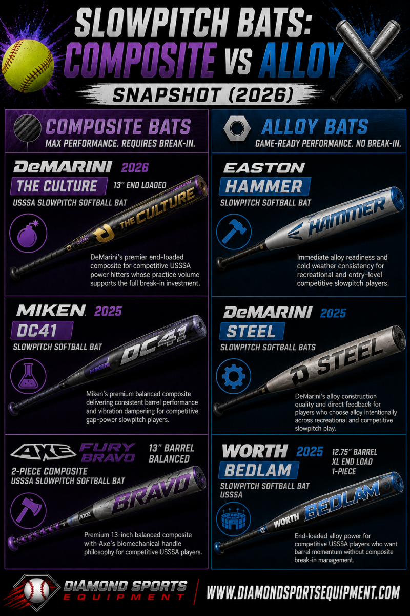 DeMarini The Culture, Miken DC41, Axe Fury Bravo, Easton Hammer, DeMarini Steel, and Worth Bedlam slowpitch softball bat snapshot comparing composite and alloy bat construction.