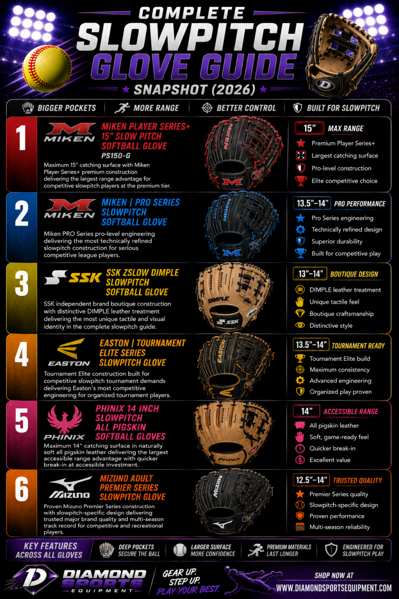 Complete slowpitch softball glove guide snapshot featuring six slowpitch gloves for competitive and recreational players.