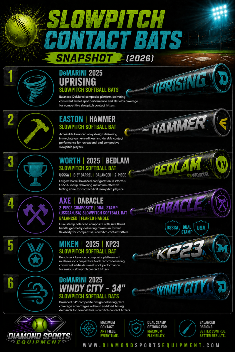 Slowpitch contact bats snapshot infographic showing six balanced bats in a structured layout with product names and Diamond Sports Equipment branding.