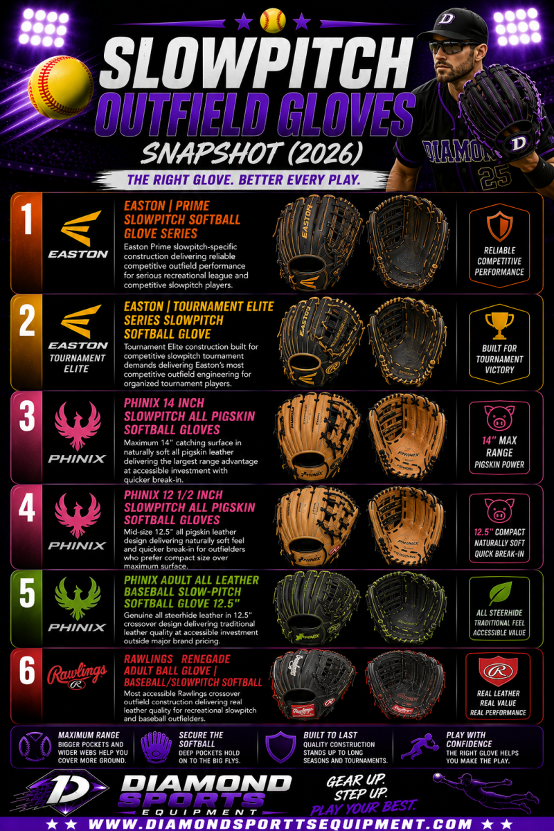 Slowpitch outfield gloves snapshot showing six softball gloves in a vertical comparison layout on a purple stadium background with Diamond Sports Equipment branding and bright white website URL.