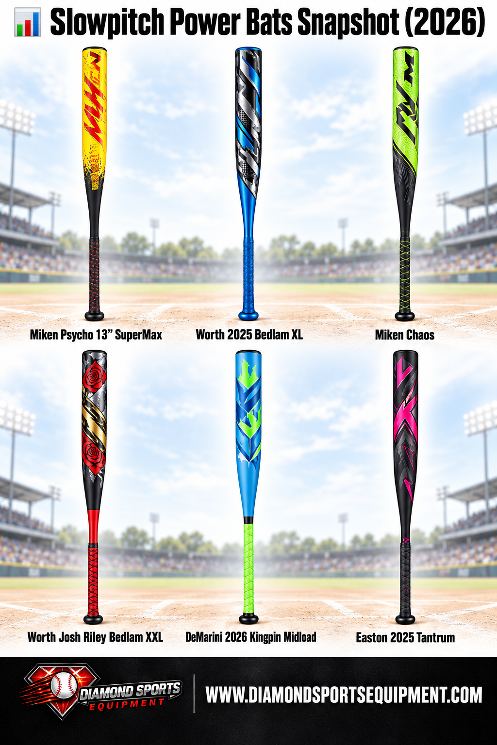 Slowpitch bats for power hitters, 2026 snapshot on a ballpark background.