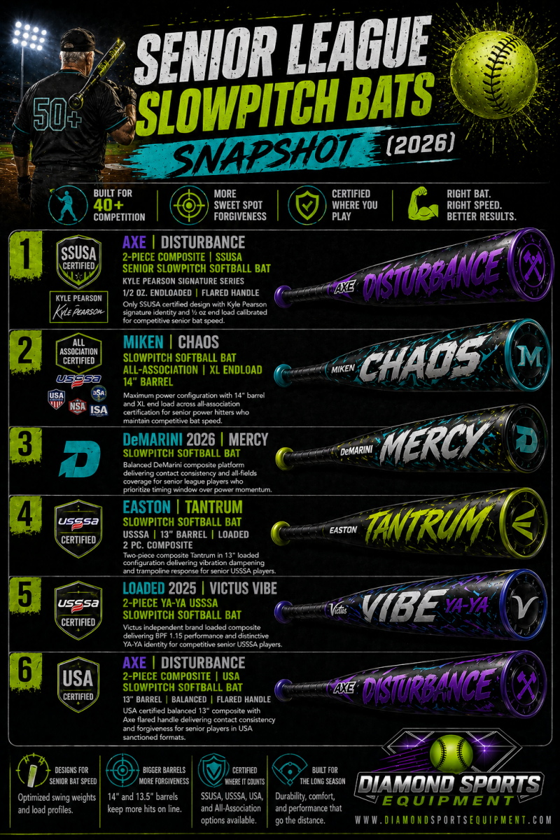 Senior league slowpitch bats snapshot infographic showing six bats with different certifications and designs in a structured layout with Diamond Sports Equipment branding.