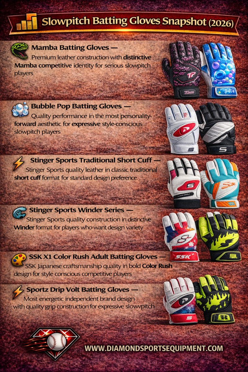 Slowpitch batting gloves comparison infographic featuring top 2026 models for grip, comfort, and style performance