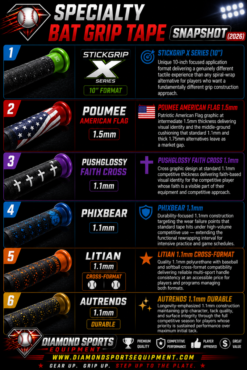 Specialty baseball bat grip tape snapshot graphic featuring StickGrip X Series, POUMEE American Flag, PushGlossy Faith Cross, PHIXBEAR, LITIAN, and Autrends bat grip tape with Diamond Sports Equipment branding.