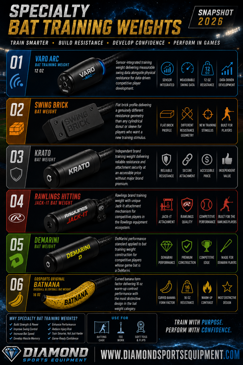 Specialty bat training weights infographic featuring Varo ARC, Swing Brick, Krato, Rawlings Jack-IT, DeMarini Bat Weight, and GoSports Batnana with dark cosmic stadium graphics and Diamond Sports Equipment branding.