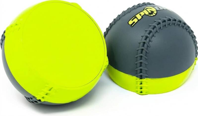 SpinDr Spin Trainer | Made for Softball Pitchers, a blue ball-shaped spin trainer with one flattened side for visual spin feedback.