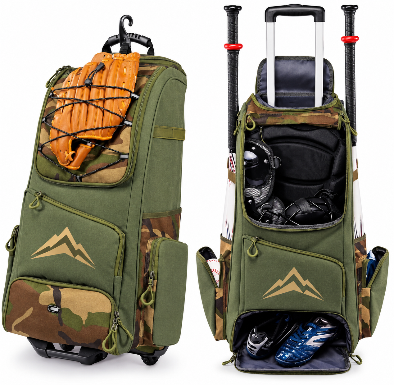 Camo and olive rolling bag shown both closed with a glove attached and open with full gear.