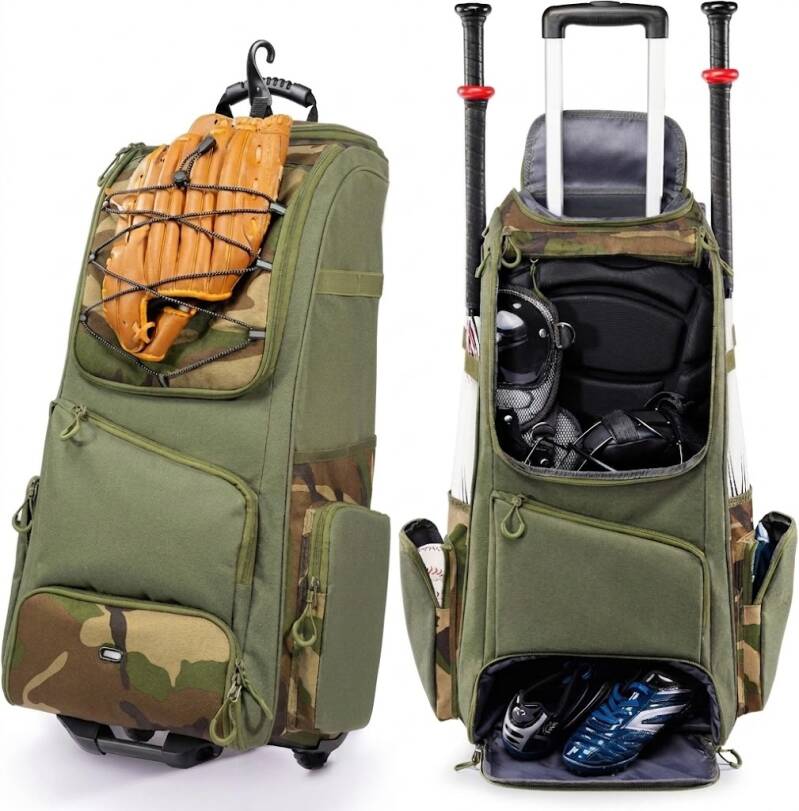 Camo and olive rolling bag shown both closed with a glove attached and open with full gear.