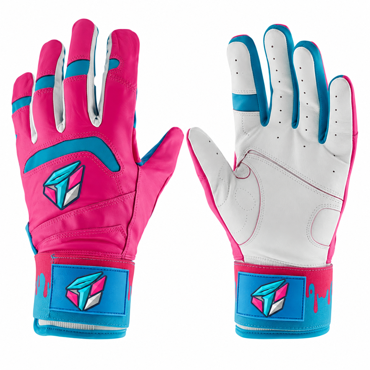 Batting gloves by Sportz Drip, in pink and blue with white palms.