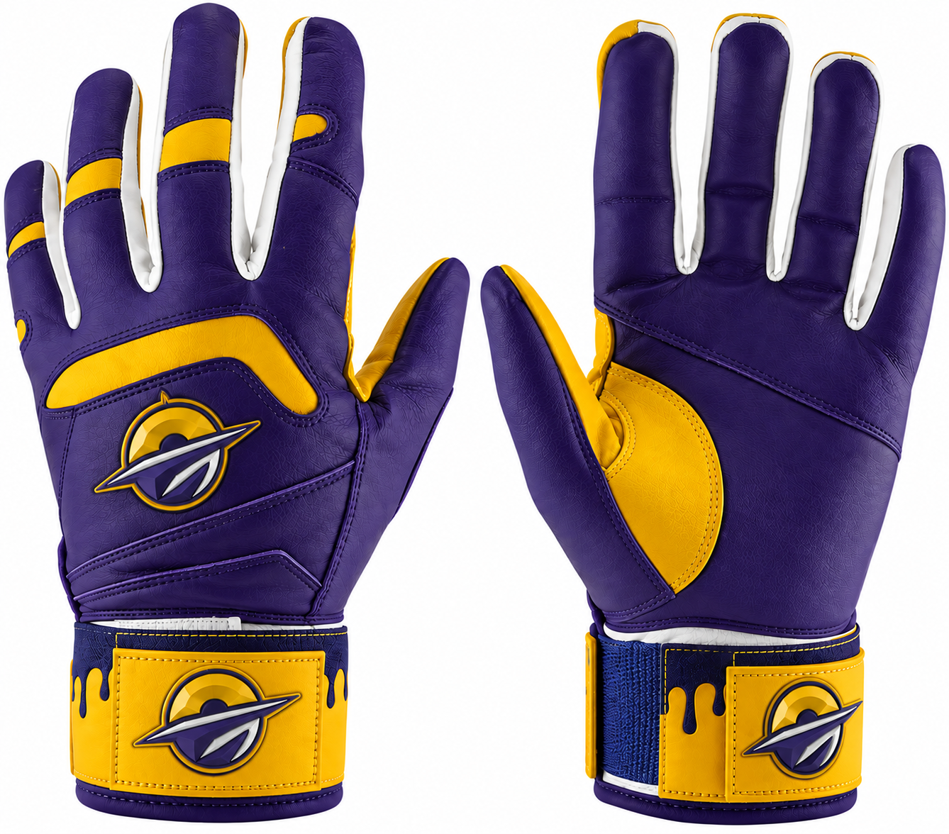 Batting gloves by Sportz Drip, in purple and gold with drip wrist straps.
