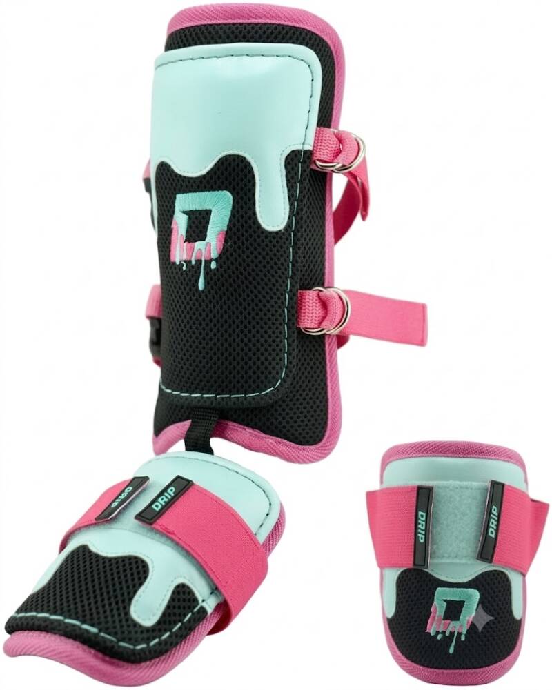 Sportz Drip youth baseball shin and elbow guard set in black, mint, and pink with drip-style branding.