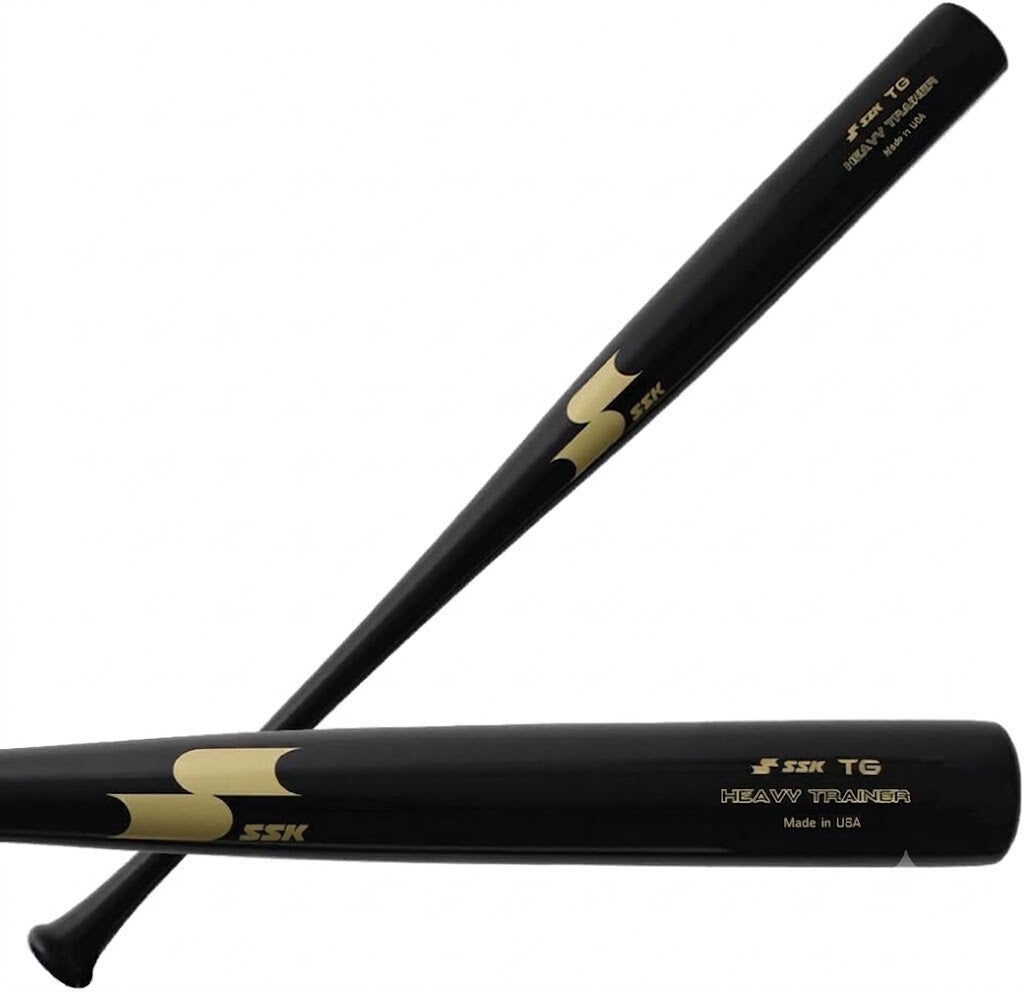 SSK Heavy Training Bat in glossy black with gold SSK logo, a weighted wood trainer made in the USA for building bat speed and strength.